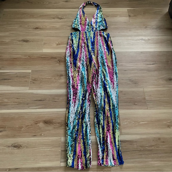 NWT Nasty Gal Stripe Sequin Halterneck Cut Out Jumpsuit - Picture 5 of 15